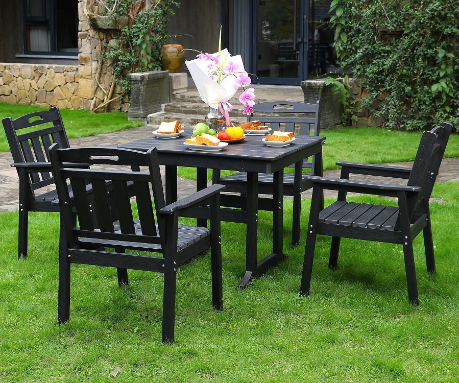 HDPE buiten eetkamerstoel 4 stoelen + vierkante tafelset zwarte verticale rugleuning