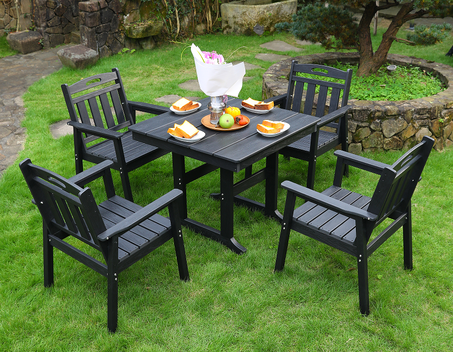 HDPE buiten eetkamerstoel 4 stoelen + vierkante tafelset zwarte verticale rugleuning