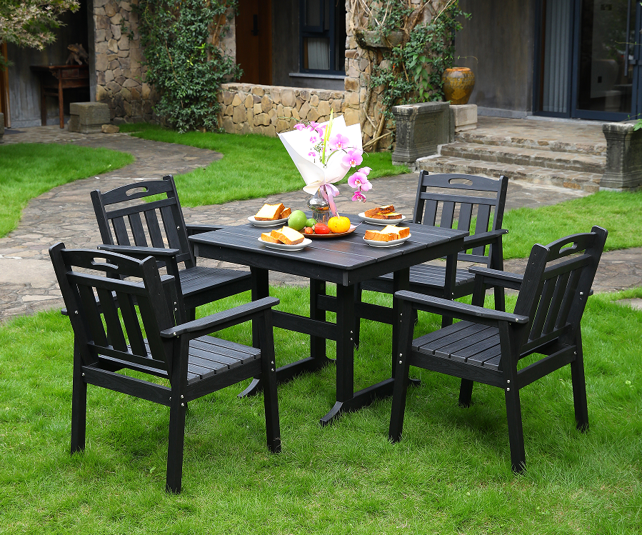 HDPE buiten eetkamerstoel 4 stoelen + vierkante tafelset zwarte verticale rugleuning