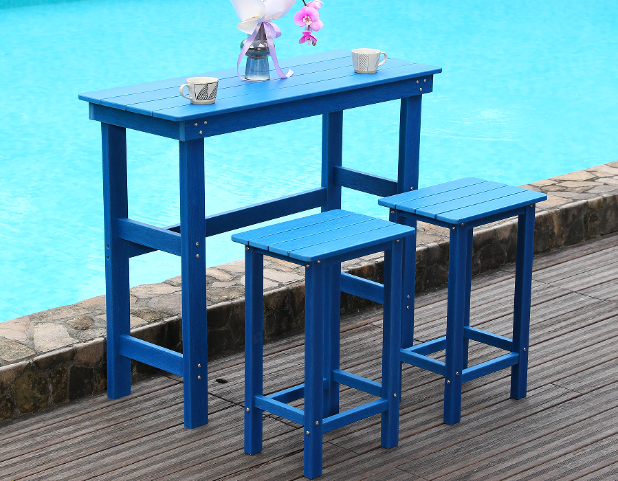 Kustblauwe HDPE eetset met hoge bar