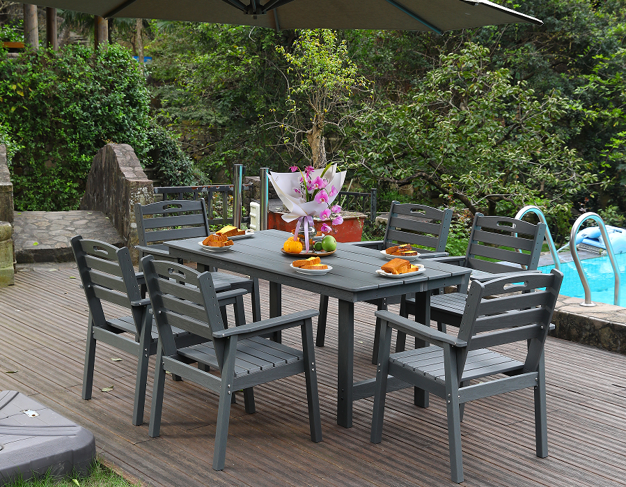 Grijze HDPE 6-delige buiteneetset met horizontale rugleuning