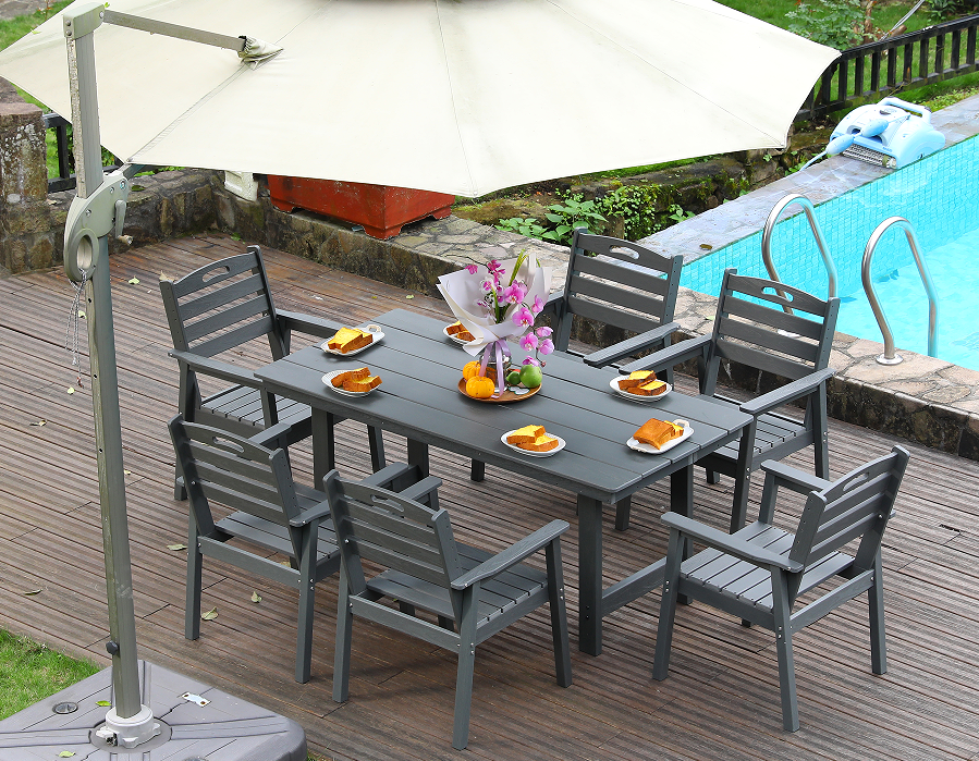 Grijze HDPE 6-delige buiteneetset met horizontale rugleuning