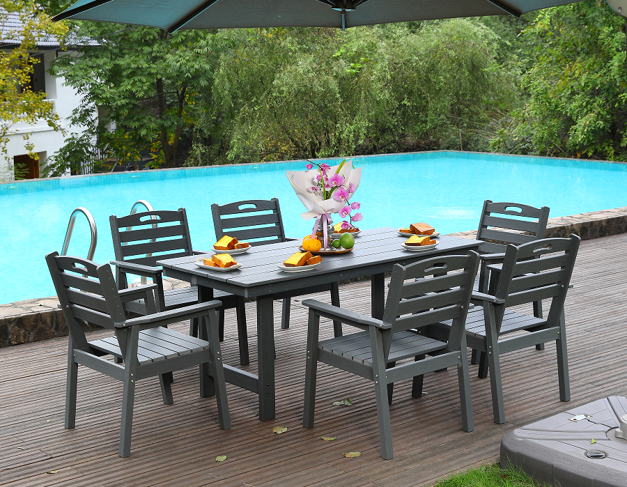 Grijze HDPE 6-delige buiteneetset met horizontale rugleuning