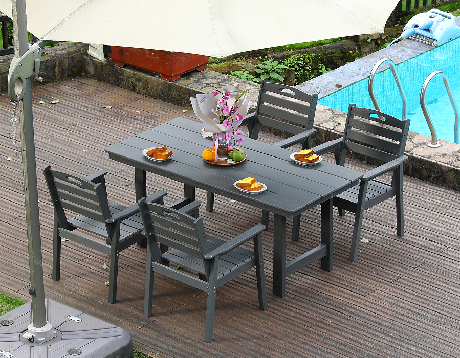 Grijze HDPE 4-delige buiteneetset met horizontale rugleuning