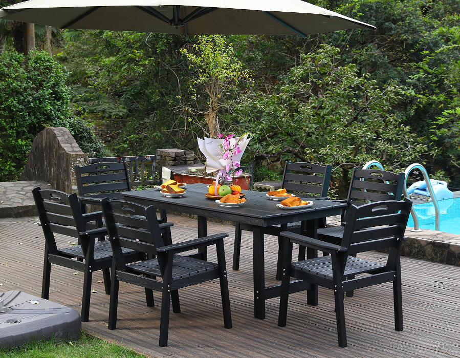 Zwarte HDPE 6-delige buiteneetset met horizontale rugleuning