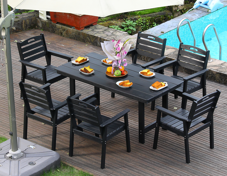 Zwarte HDPE 6-delige buiteneetset met horizontale rugleuning