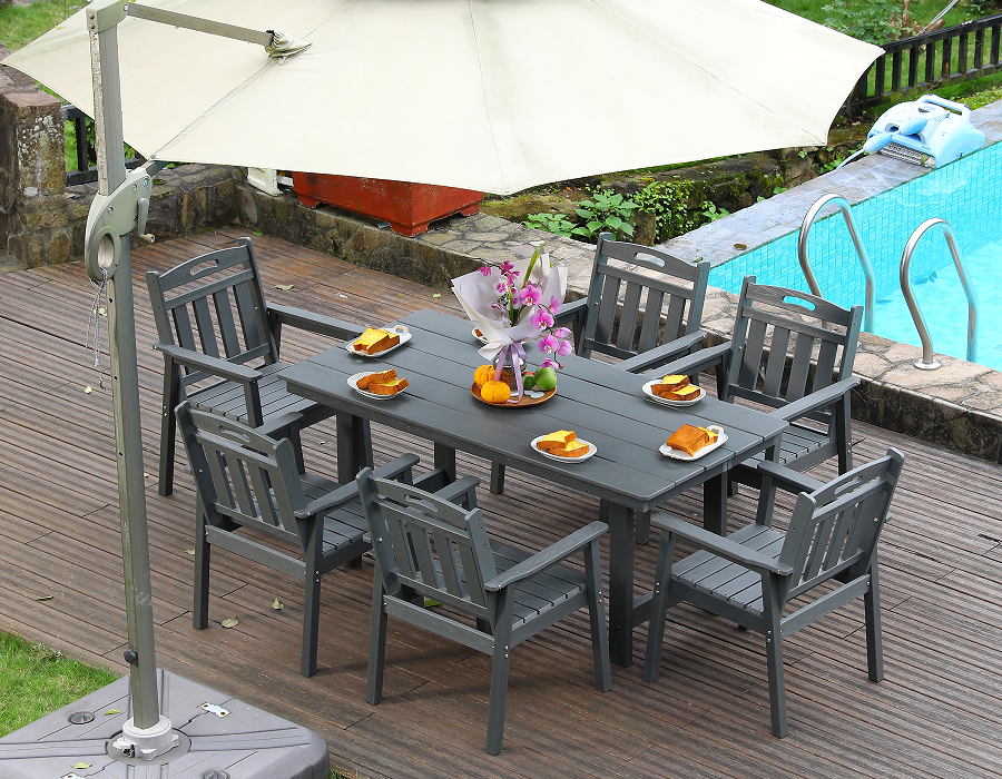 Grijze HDPE 6-delige buiteneetset met verticale rugleuning