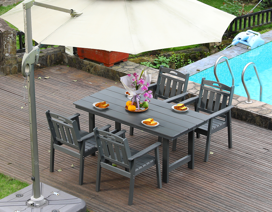 Grijze HDPE 4-delige buiteneetset met verticale rugleuning