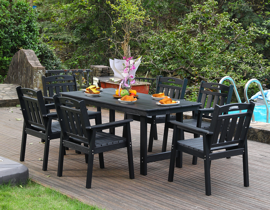 Zwarte HDPE 6-delige buiteneetset met verticale rugleuning