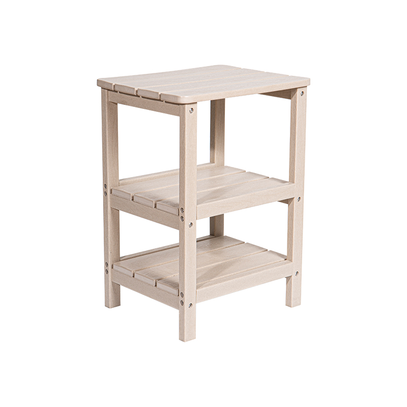 Houtkleurige vierkante tafel met drie niveaus HDPE-materiaal, multifunctionele opbergtafel met 304 roestvrijstalen schroeven