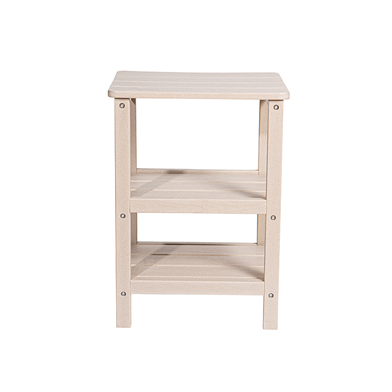 Houtkleurige vierkante tafel met drie niveaus HDPE-materiaal, multifunctionele opbergtafel met 304 roestvrijstalen schroeven
